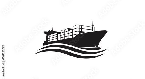 Large Cargo Ship or Container Vessel Silhouette Icon on Isolated White Background
