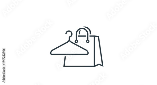 Outline Clothes Hanger and Shopping Bag Icon for Fashion Retail or Wardrobe on Isolated White Background