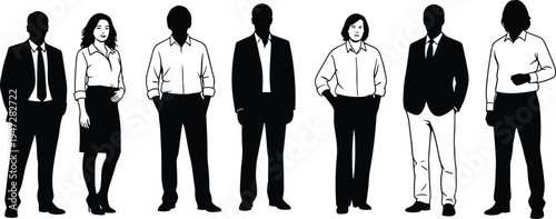 Vector illustration of silhouetted business professionals in formal attire symbolizing teamwork, unity, identity, diversity, culture, tradition, inclusivity, heritage, and education