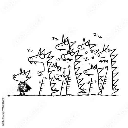 Little Boy Standing Beside Sleeping Dragons in Black and White Cartoon