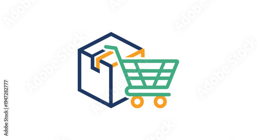Shopping cart emerging from package box icon for fast delivery and e-commerce.