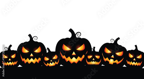 A row of spooky Halloween pumpkins with glowing orange eyes and mouths, lined up in darkness, creating a festive and eerie atmosphere.