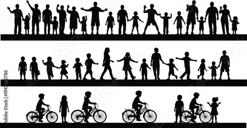 Vector illustration of silhouetted children and adults in community, walking, and cycling activities symbolizing family, unity, diversity, culture, tradition, inclusivity, heritage, and education