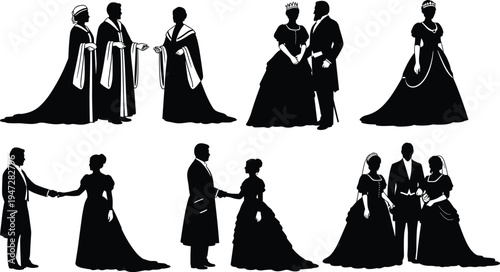 Silhouettes of couples in formal historical attire, romantic poses and social interactions, vintage fashion illustration highlighting cultural traditions