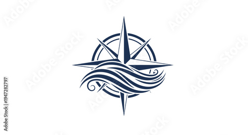 Nautical compass rose with ocean waves icon for navigation and travel.