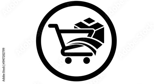Shopping cart full of packages in black circle icon for delivery and logistics.