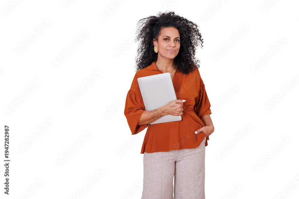 Fototapeta premium Professional black woman holding laptop, standing confidently, working in technology, business concept with transparent background
