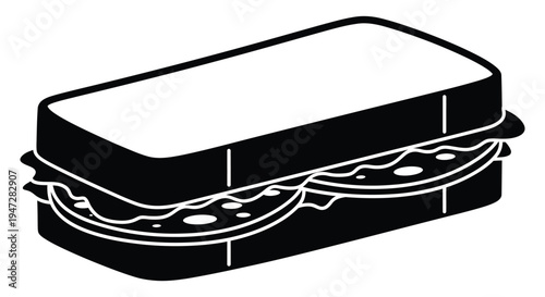 A simple, black and white vector illustration of a sandwich, shown in a side view, isolated on a plain white background, ideal for use as a food icon or graphic element.