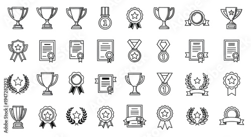 A collection of black and white vector graphics featuring trophies, medals, certificates, and laurel wreaths, perfect for illustrating achievement, success, and recognition.