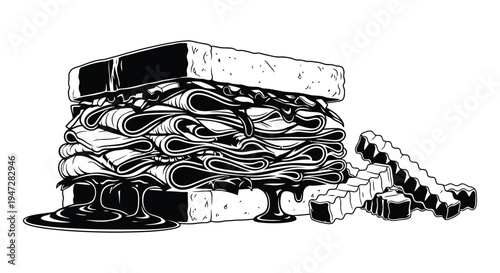 A black and white illustration of a stack of shoes with boxes and wine glasses on a plain background, creating a unique and intriguing scene.