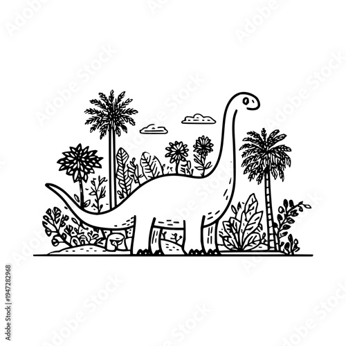 Diplodocus Dinosaur Standing in Jungle with Palm Trees