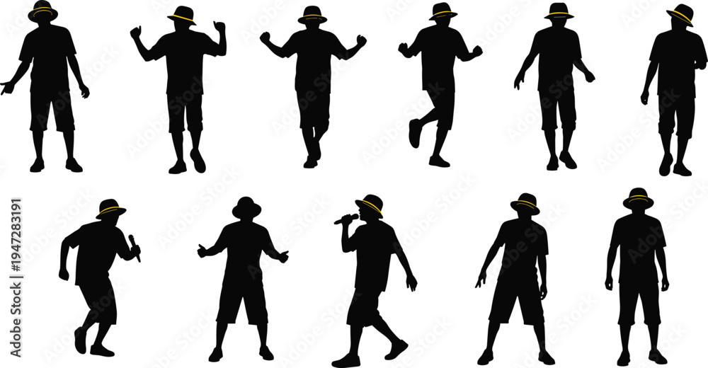 Fototapeta premium Silhouettes of dancer in yellow hat, vector artwork showing expressive poses, dynamic motion, choreography design and performance inspiration