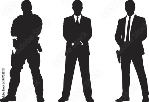 security guard and bodyguard silhouette set, professional protection agents standing, private security service concept, safety personnel vector illustration