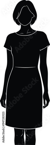 Minimalist black silhouette person in short dress, simple hairstyle, standing upright, symbolic vector illustration for signage, instructional, graphic design use