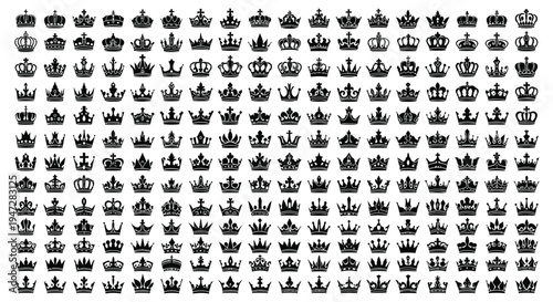 A high-contrast image featuring numerous crown silhouettes arranged neatly on a clean white background, ideal for use in designs requiring royal or luxury themes.