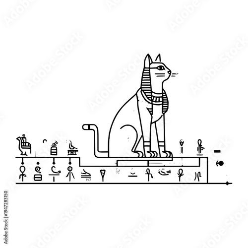 Egyptian Cat Sitting on Hieroglyphics Platform with Small Cat
