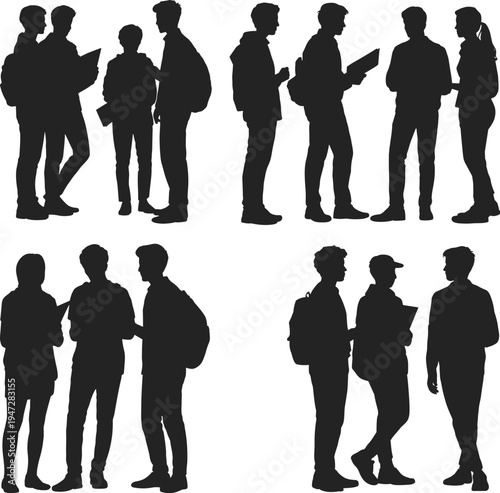 Student silhouettes group set, university college students discussing with backpacks and books, education teamwork communication concept illustration