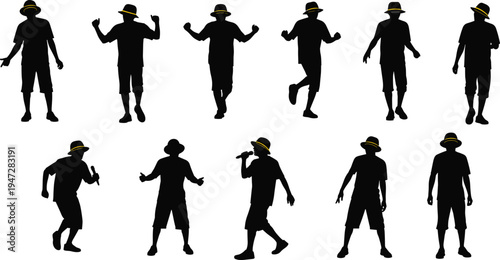 Silhouettes of dancer in yellow hat, vector artwork showing expressive poses, dynamic motion, choreography design and performance inspiration