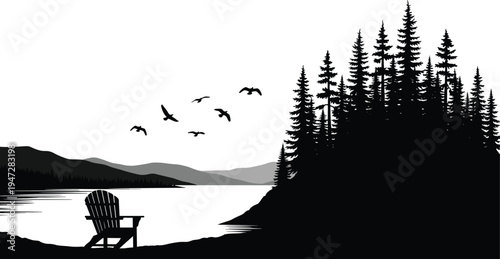 Serene lakeside scene with chair and trees at sunset