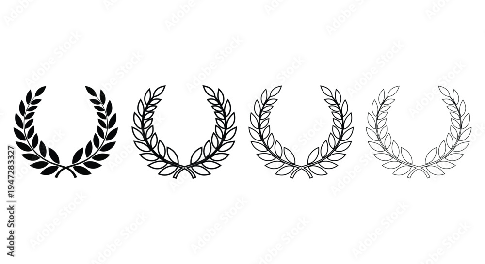 Obraz premium A set of four laurel wreath vector icons in black and white, perfect for award or achievement designs, with a clean and simple style.