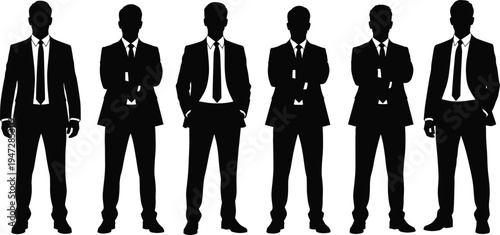 Business professionals silhouettes in suits, corporate identity, team dynamics, leadership, collaboration, diversity, formal attire, office culture, professionalism, teamwork illustration
