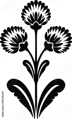 Black and white illustration of a stylized flower with three blooms