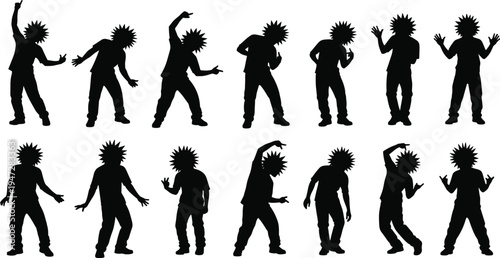 Vector illustration of silhouetted dancer with spiky hair in dynamic poses symbolizing motion, gesture, identity, diversity, culture, tradition, inclusivity, heritage, and education