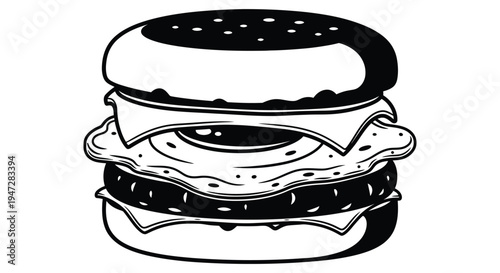 A detailed vector illustration of a double cheeseburger with melted cheese, toasted buns, and a classic fast food design, set against a clean white background.