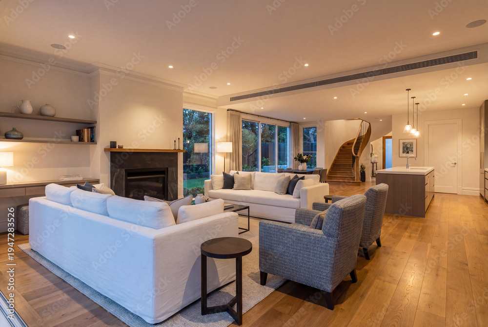 Fototapeta premium Modern luxury living room with white sofas and fireplace