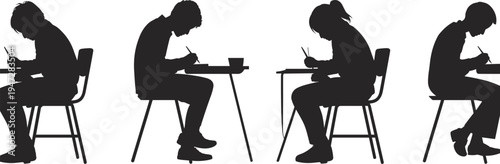 students writing exam silhouette set, classroom test scene, studying teenagers at desk, education learning concept vector illustration