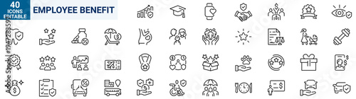 Employee benefit web line icons. Included icons as teamwork, insurance, paid Vacation, pension, social Security. Vector illustration. editable stroke