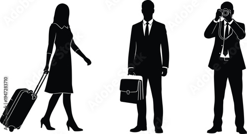 Business silhouettes of professionals traveling and working, woman with suitcase, man with briefcase, photographer capturing moments, corporate activity illustration