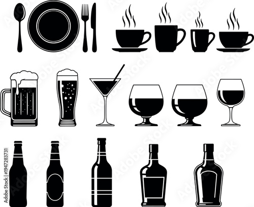 Black silhouette vector illustration of dining and beverage icons including utensils, coffee mugs, beer glasses, wine bottles, cocktail drinks