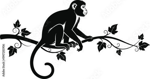 Monkey silhouette sitting on tree branch with leaves and vines, wildlife illustration design representing nature, harmony, and animal life