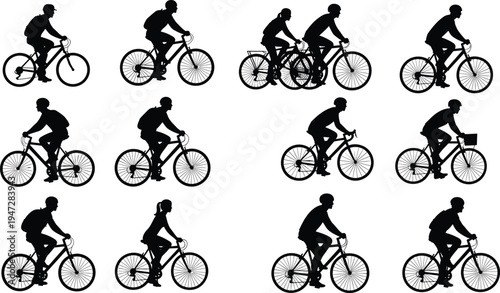 Black bicycle rider silhouettes, cycling vector illustration, people riding bikes with backpacks, baskets, different postures, urban lifestyle, sport design elements