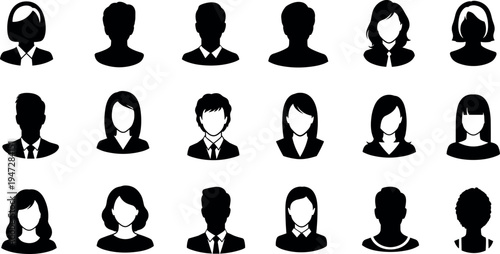 Silhouettes of diverse human profiles, male and female figures, hairstyles, clothing styles, professional avatars, representing social identity and demographic diversity