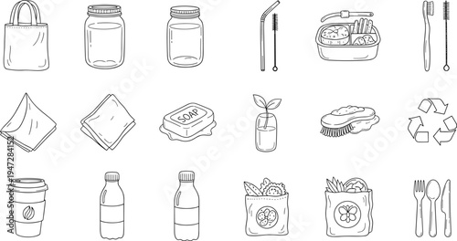 Collection of hand-drawn icons representing sustainable living and eco-friendly products