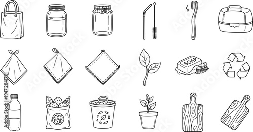 Collection of hand-drawn icons representing sustainable living and eco-friendly products