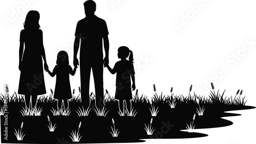 Vector illustration of silhouetted family with adults and children outdoors symbolizing unity, nature, identity, diversity, culture, tradition, inclusivity, heritage, and education