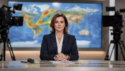 Television news host delivering live broadcast from an anchor desk with a weather map screen and studio cameras out of focus in the background.