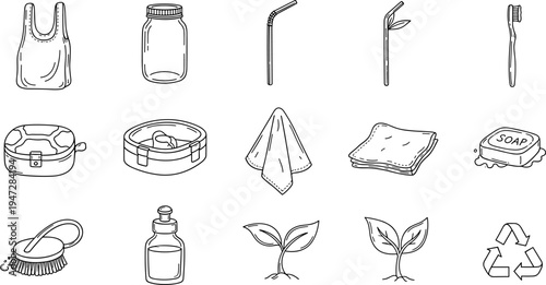 Collection of hand-drawn icons representing sustainable and eco-friendly lifestyle choices