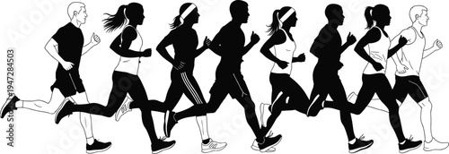 Group of runners silhouettes, men and women, athletic wear, dynamic motion, fitness, exercise, teamwork, sports activity, vector illustration