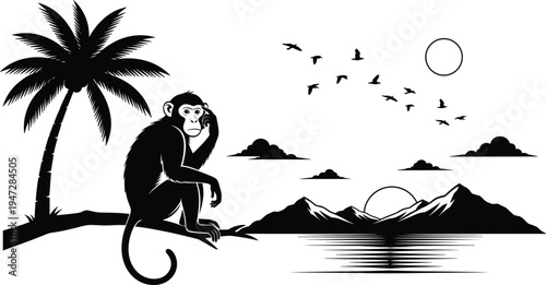 Monkey silhouette under palm tree with contemplative pose, tropical landscape, mountains, birds, sunset reflection, peaceful artistic nature scene