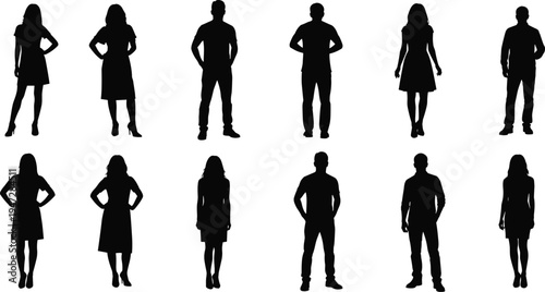 Black silhouette vector illustration of diverse human figures, standing postures, fashion styles, body shapes, clothing variations, modern design elements, creative artwork