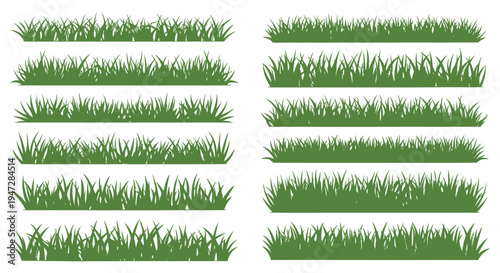 A collection of green grass silhouettes in different styles and densities, perfect for graphic design and natural themes.