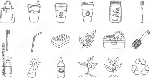 Set of hand-drawn icons representing eco-friendly and sustainable lifestyle choices