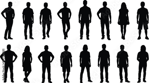 Silhouettes of diverse individuals standing in various poses, human posture, diversity, teamwork, communication, leadership, unity, success, growth, innovation, strategy, planning