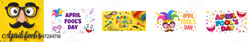 april fools day banner set with colorful jester clown confetti and festive decorations, fun prank holiday celebration greeting card headers vector illustration collection
