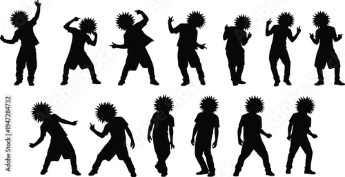 Silhouette illustration of person with spiky hair in dynamic poses, black vector design showing dance, gesture, and movement styles