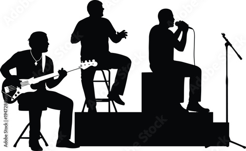 Musical band silhouettes performing live, guitar and singers on stage, dynamic entertainment illustration design representing music and performing arts